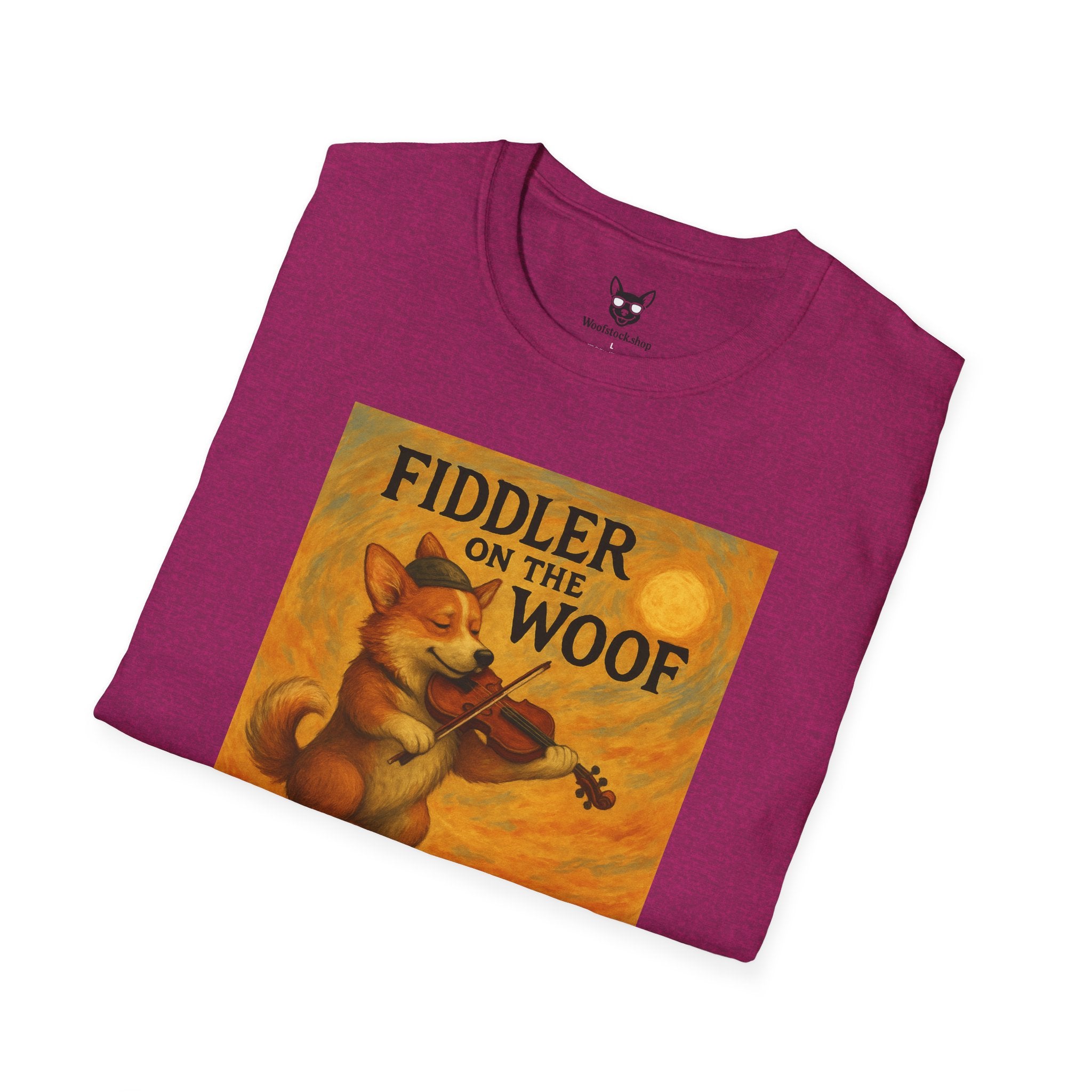 Fiddler on the Woof Broadway Poster Dog Parody Unisex Softstyle T-Shirt -- Funny Broadway Movie Tee for Theater and Dog Lovers